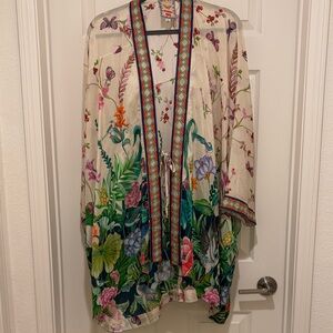 Johnny Was Cream Floral Silk Kimono Cape with Green & Pink Accents